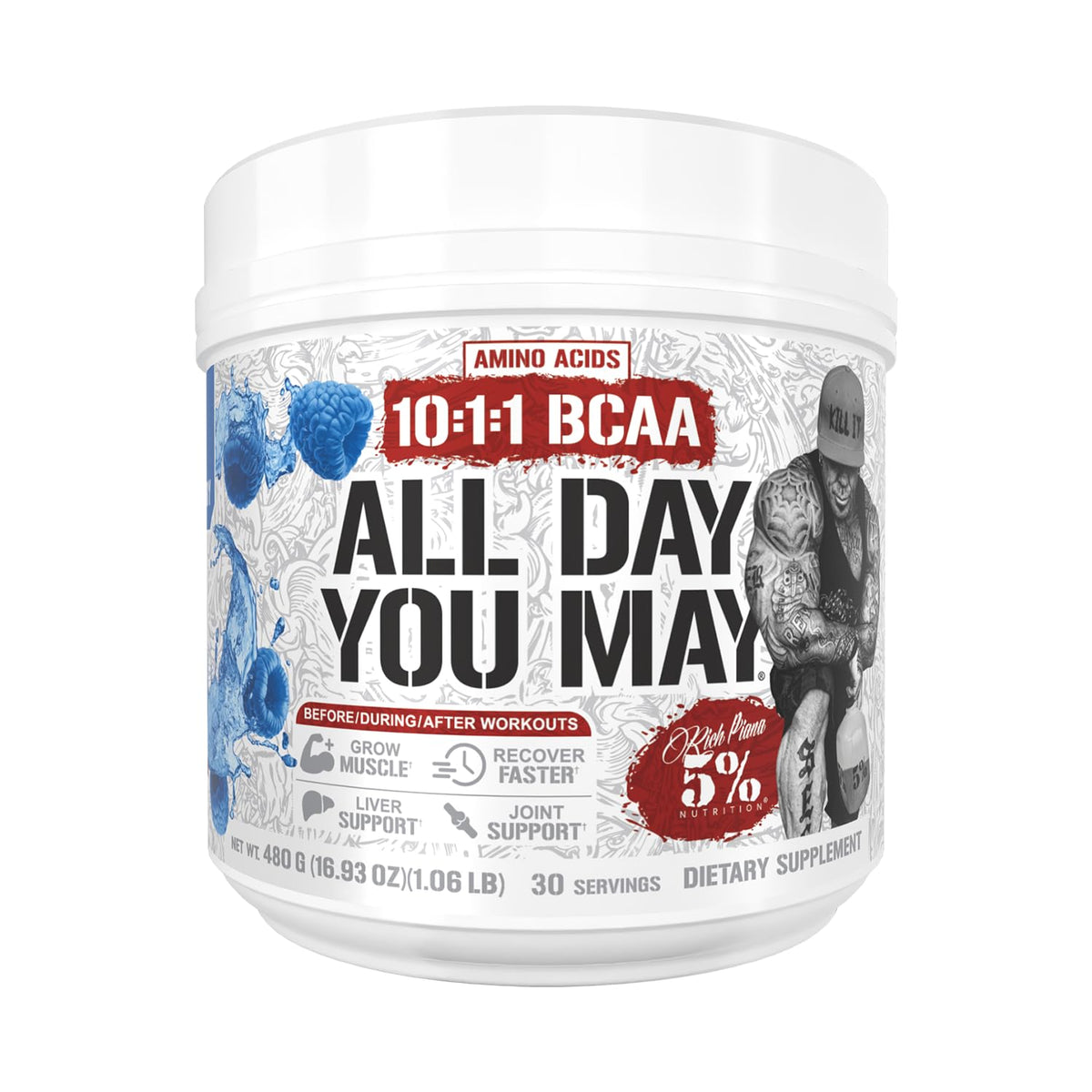 5% Nutrition envase frontal AllDayYouMay mostrando sabor y etiqueta beneficios