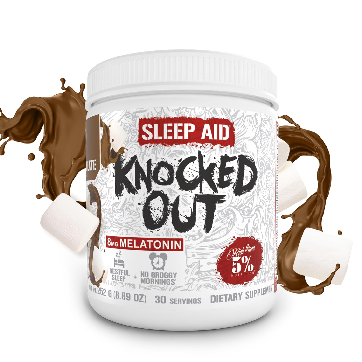 Frasco de 8.4 oz de 5% Nutrition junto a una regla para comparar tamaño