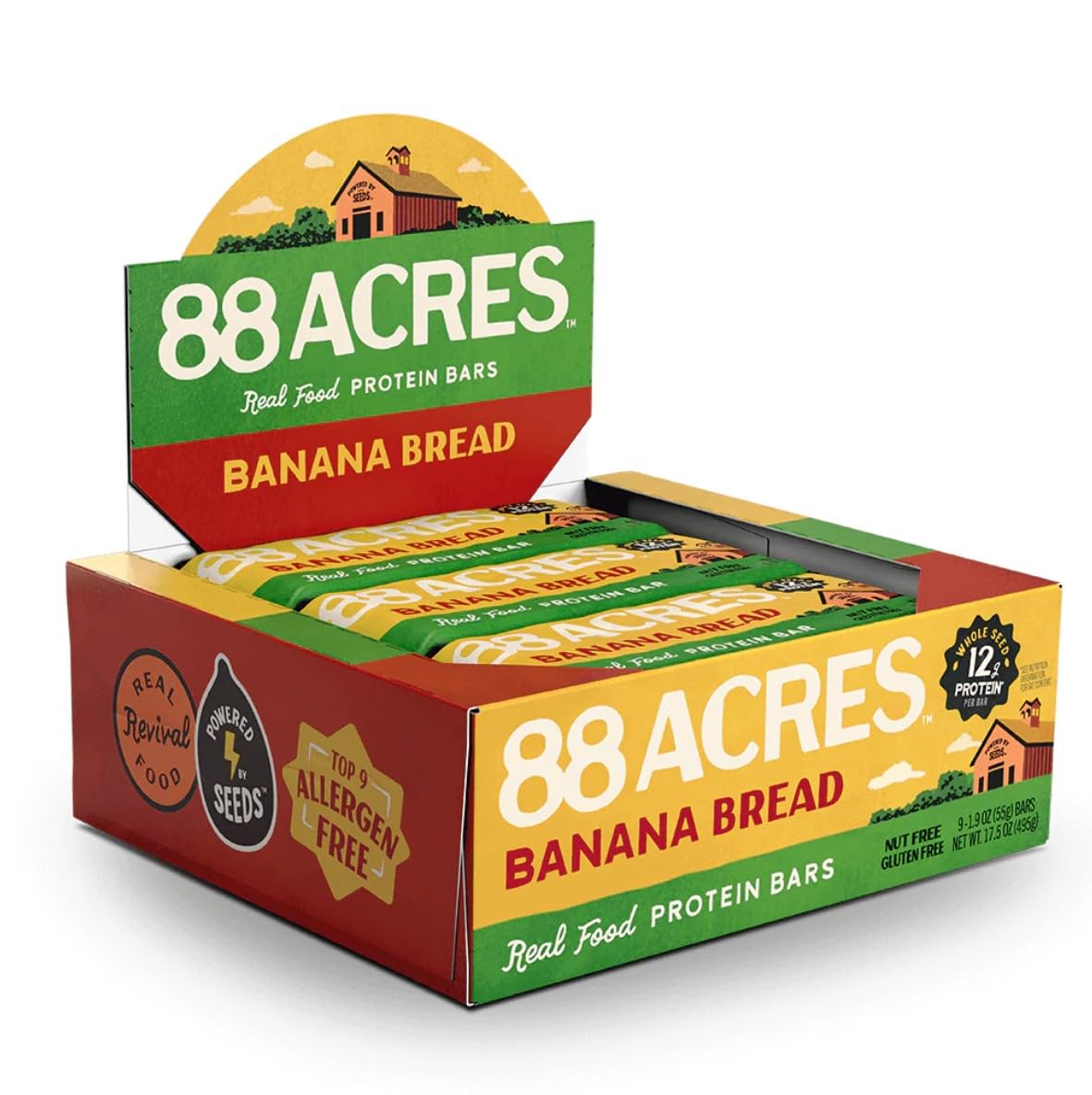 88 Acres frente del empaque mostrando sabor banana bread y conveniencia