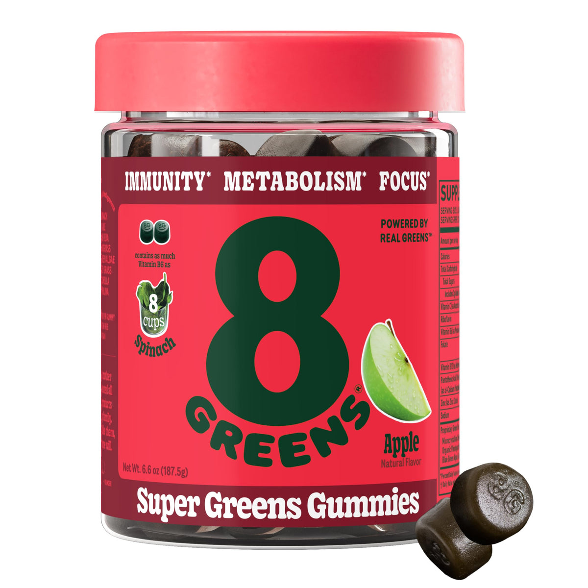 8Greens frasco frontal mostrando gomitas y beneficio de conveniencia