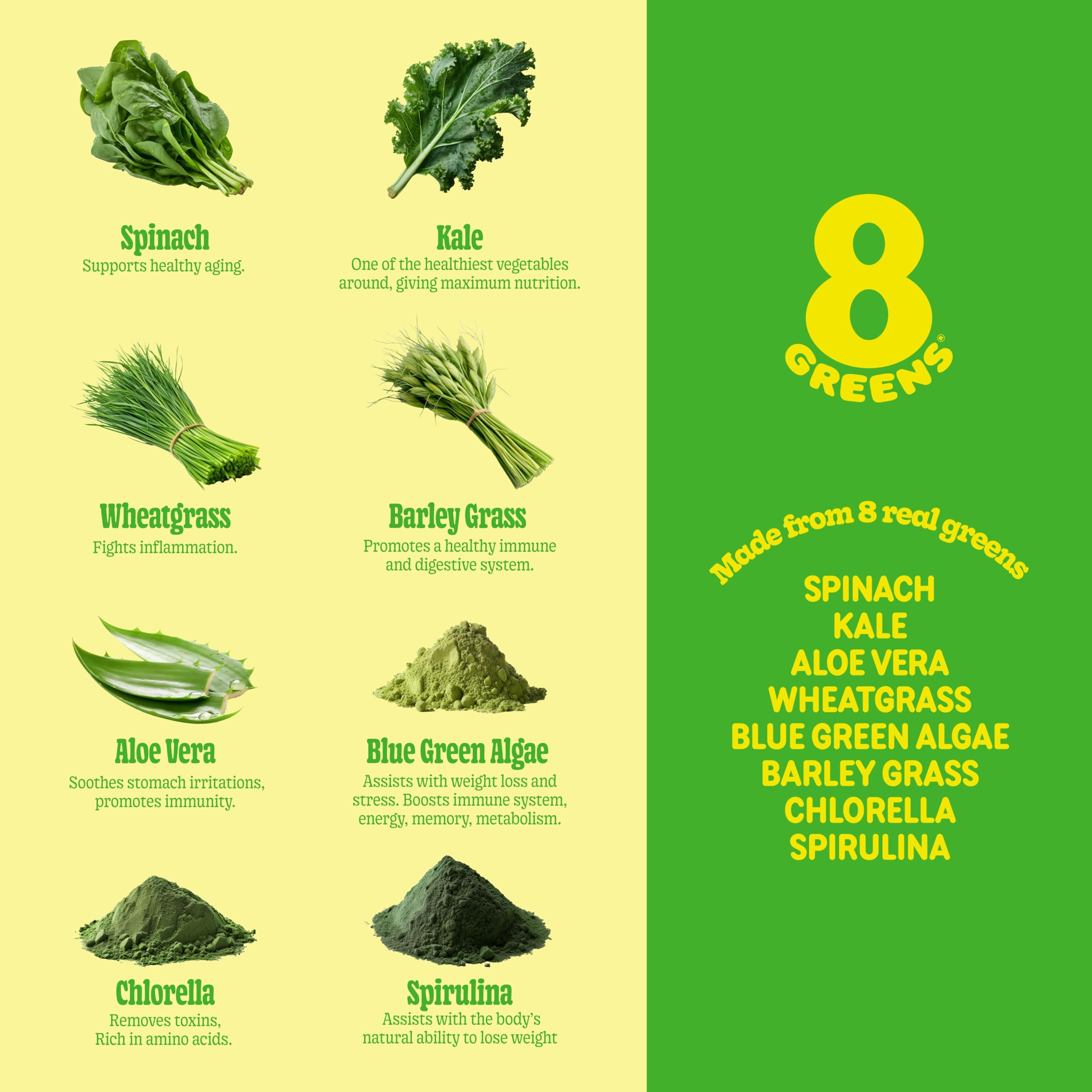 8Greens primeros planos de espinaca y spirulina que muestran ingredientes reales