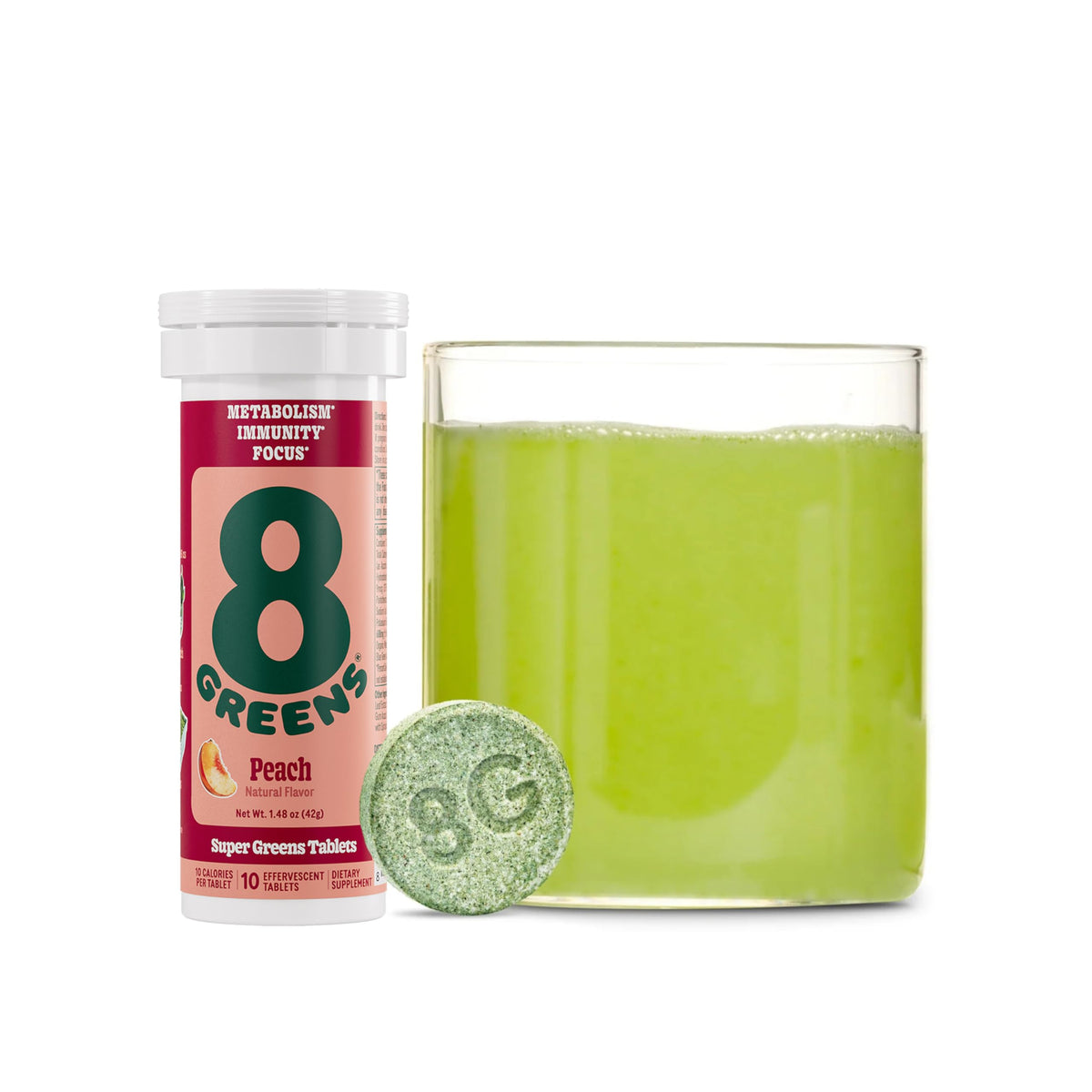 8Greens tubo frontal sabor durazno mostrando el envase portátil y práctico