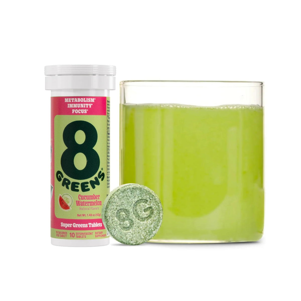 8Greens tubo frontal mostrando etiqueta y sabor pepino sandía, útil para identificar producto