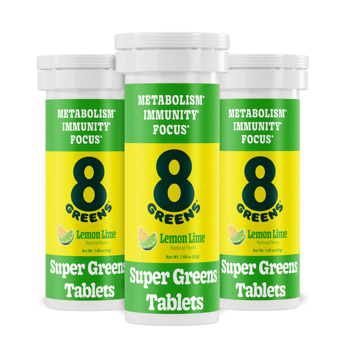8Greens tubo frontal mostrando 30 tabletas y portabilidad