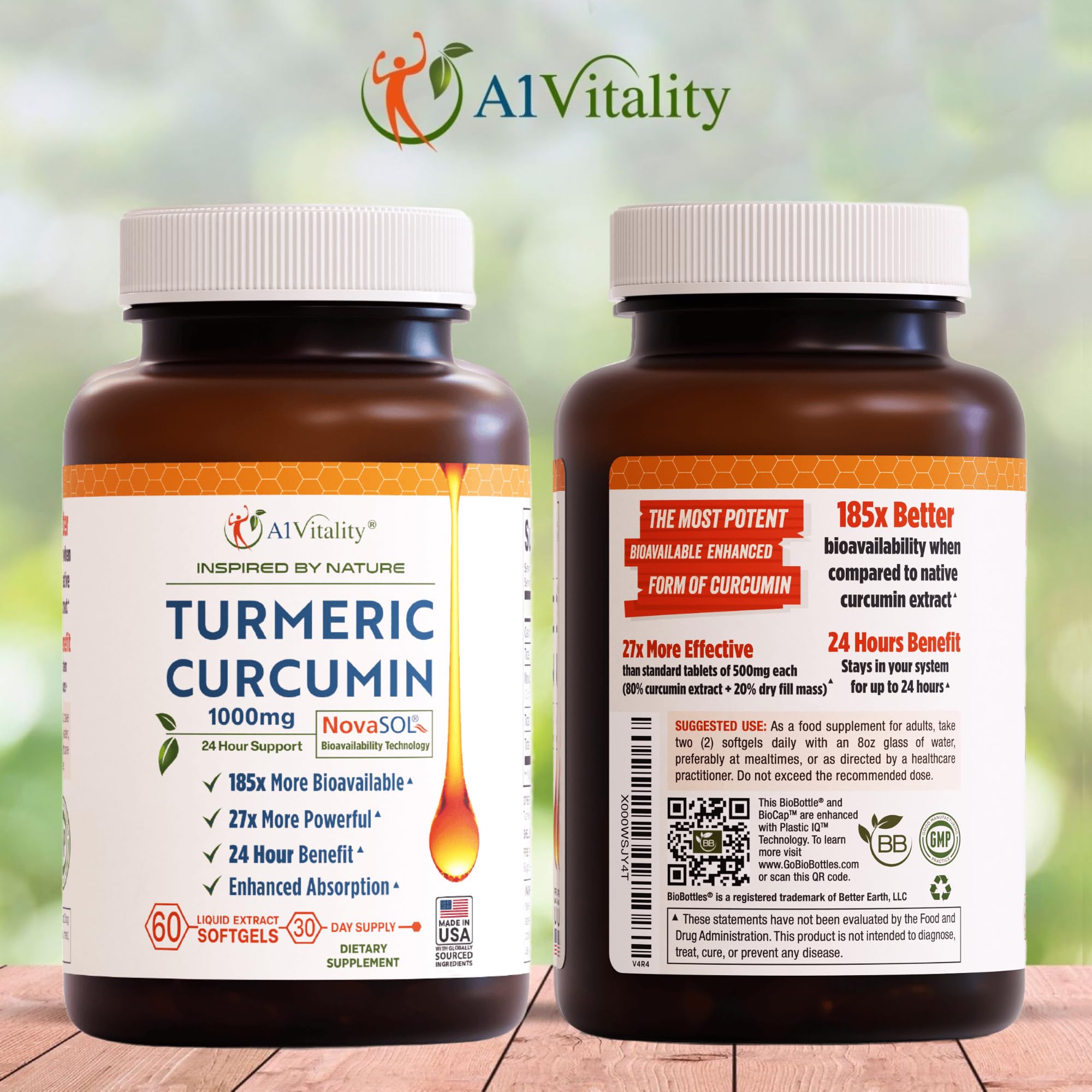 A1Vitality etiqueta con información nutricional y dosis por softgel visible
