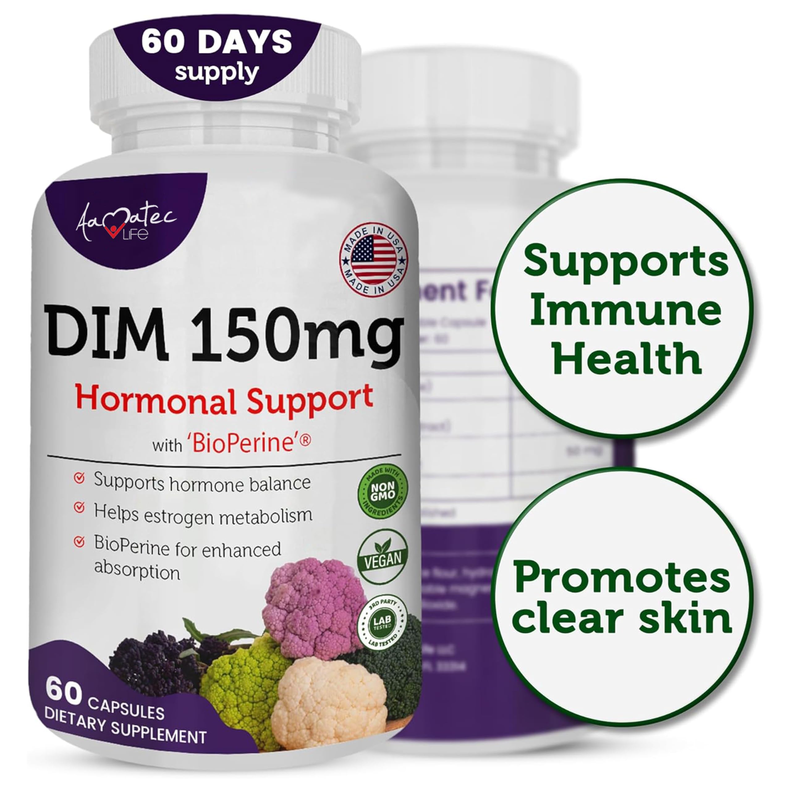 AAMATEC LIFE etiqueta con ingredientes claves y cifras de DIM
