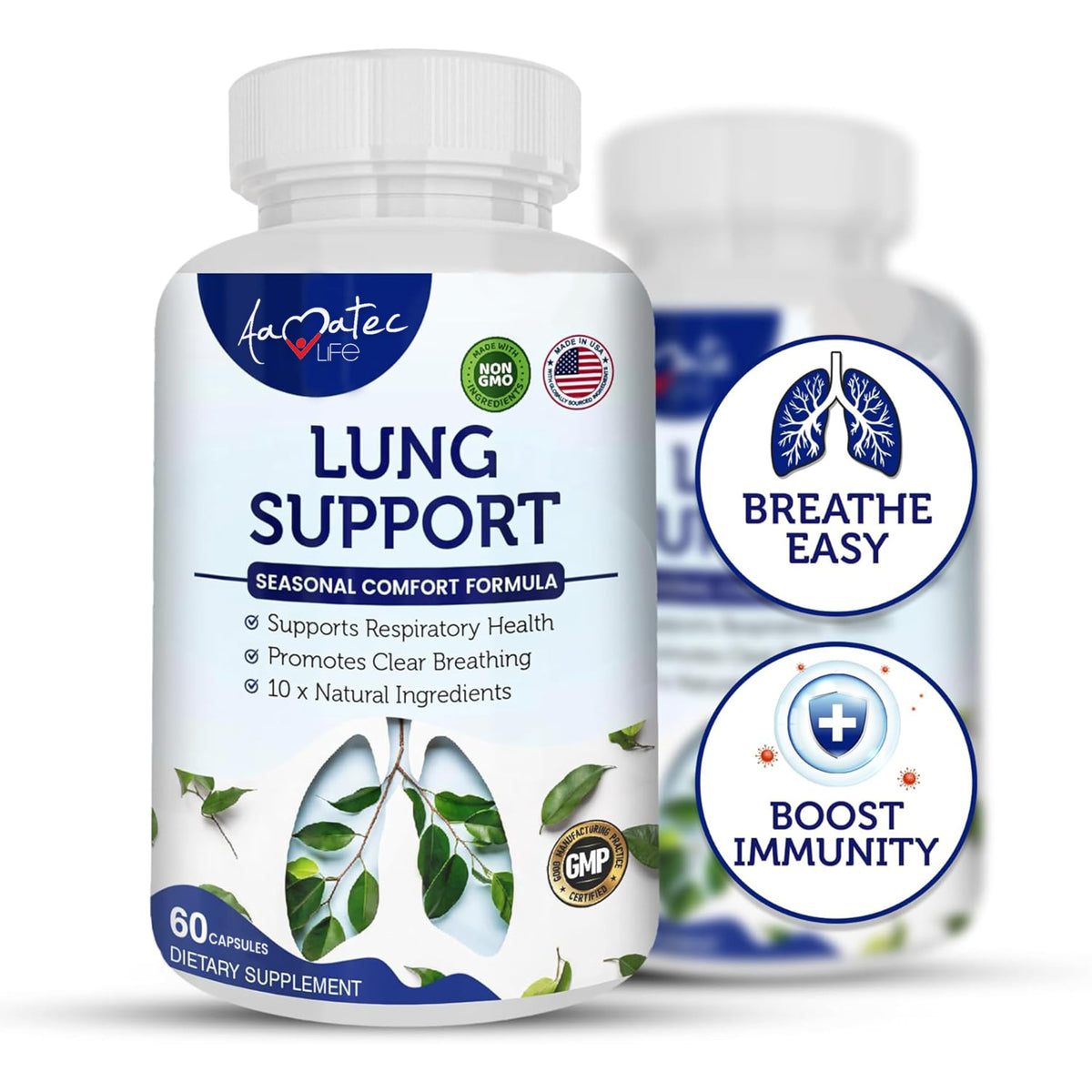 AAMATEC LIFE envase frontal mostrando el nombre y beneficio para pulmones
