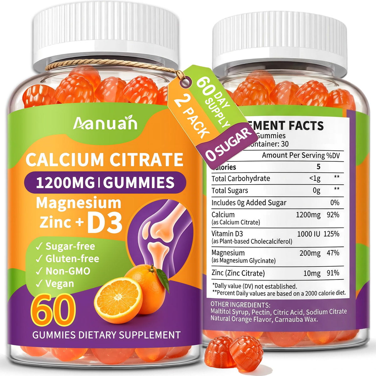Aanuan paquete frontal mostrando gomitas veganas y beneficios óseos