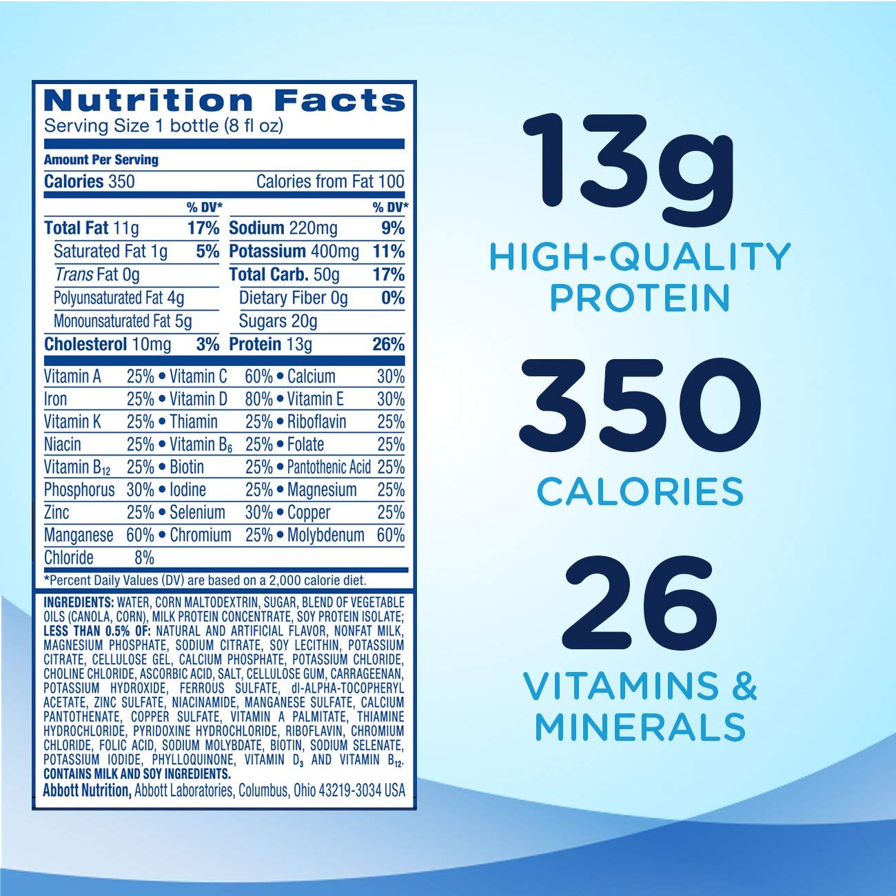 Abbott Ensure Plus etiqueta nutricional visible, muestra vitaminas y minerales