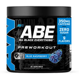 ABE all black everything frente del envase mostrando sabor Blue Razz y beneficios
