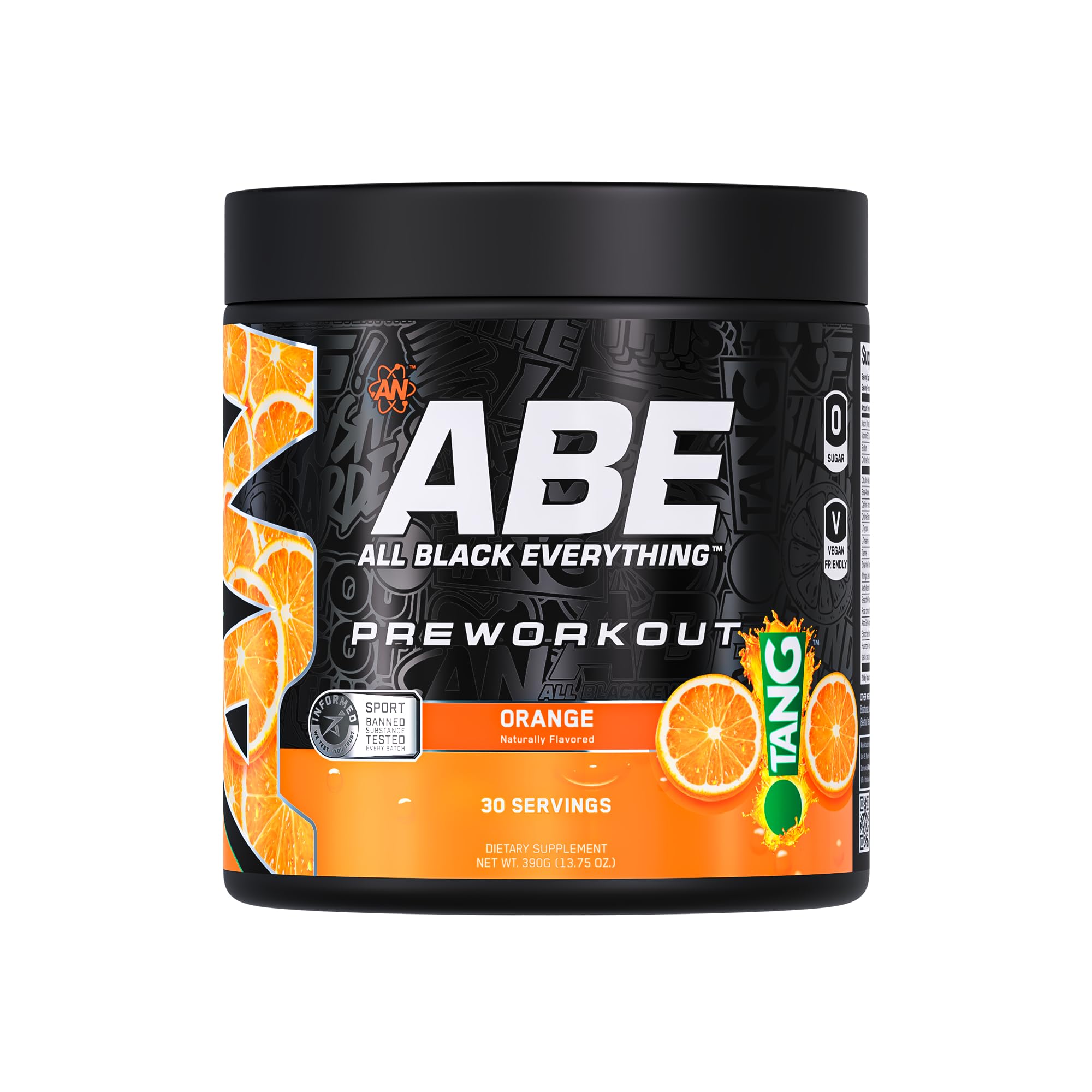 ABE All Black Everything frente del envase mostrando etiqueta y sabor Tang Orange para identificación rápida