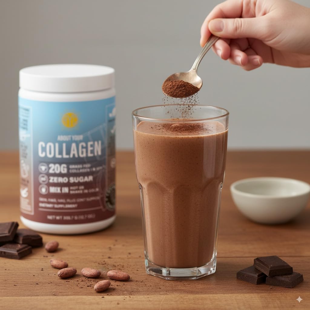 ABOUT YOUR COLLAGEN en cocina lifestyle mostrando uso diario y conveniencia