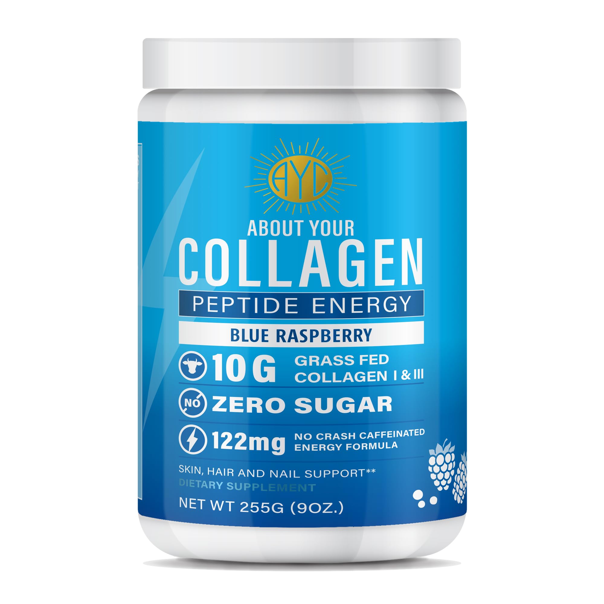 ABOUT YOUR COLLAGEN envase frontal azul raspberry mostrando beneficios y tamaño