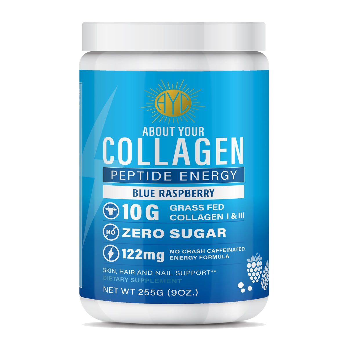 ABOUT YOUR COLLAGEN envase frontal azul raspberry mostrando beneficios y tamaño