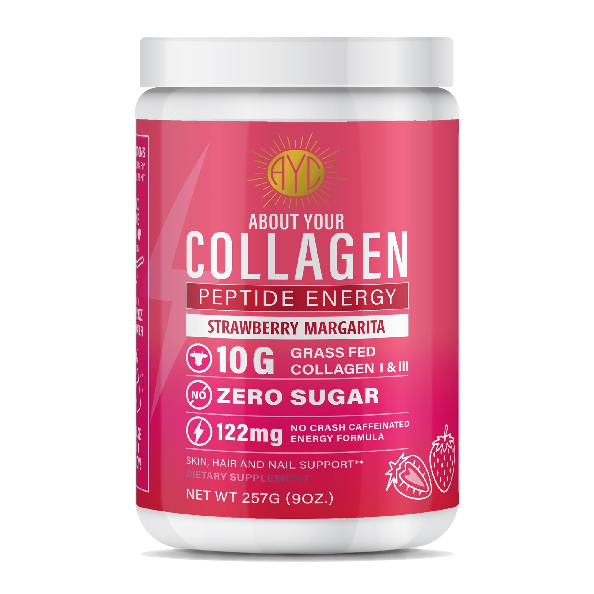 ABOUT YOUR COLLAGEN frente del envase mostrando sabor fresa margarita y beneficios