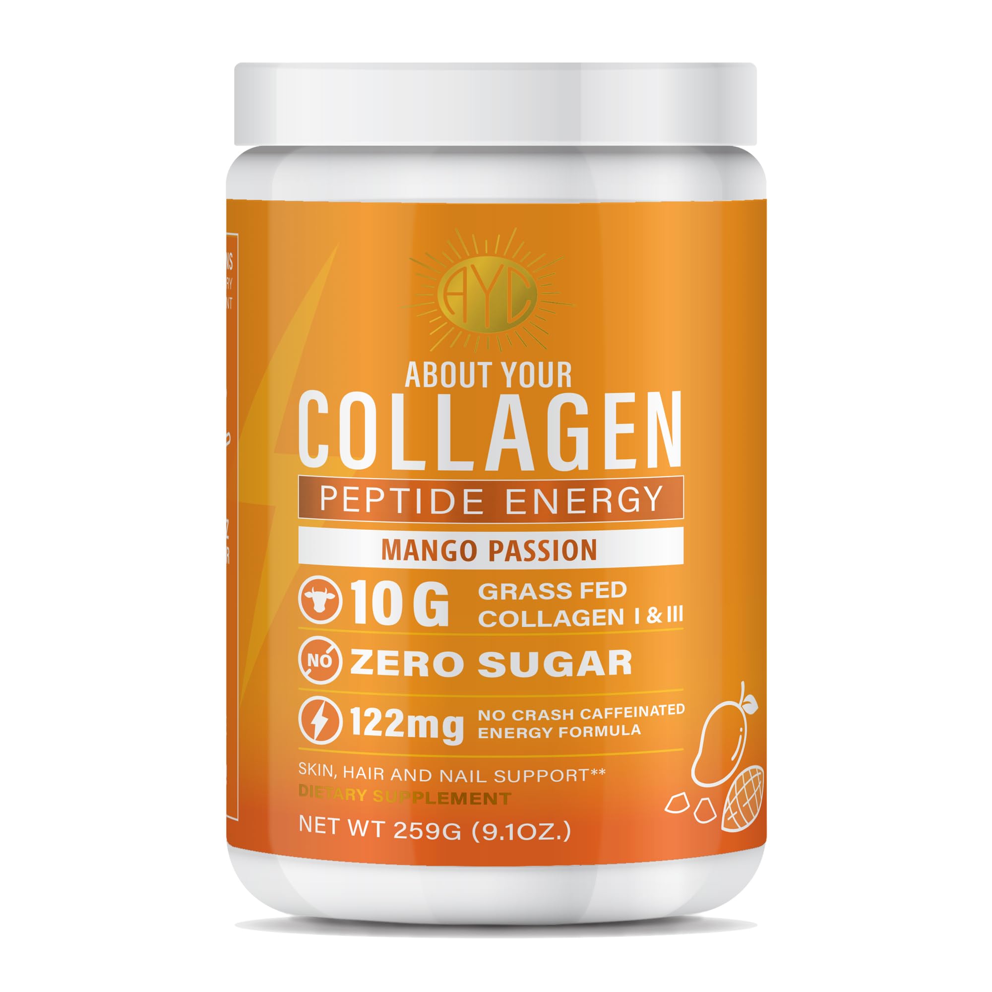 ABOUT YOUR COLLAGEN presentación frontal mostrando el envase y sabor mango passion