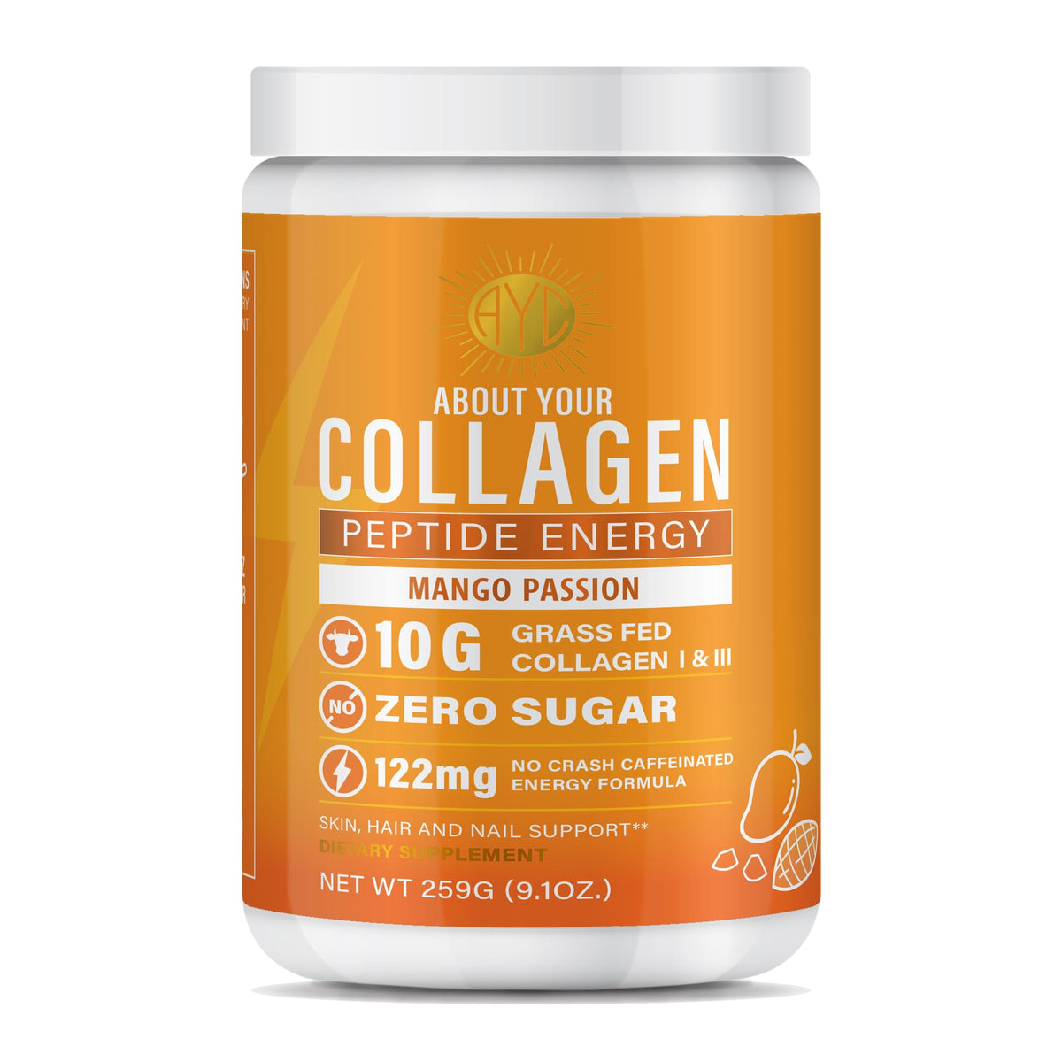 ABOUT YOUR COLLAGEN presentación frontal mostrando el envase y sabor mango passion