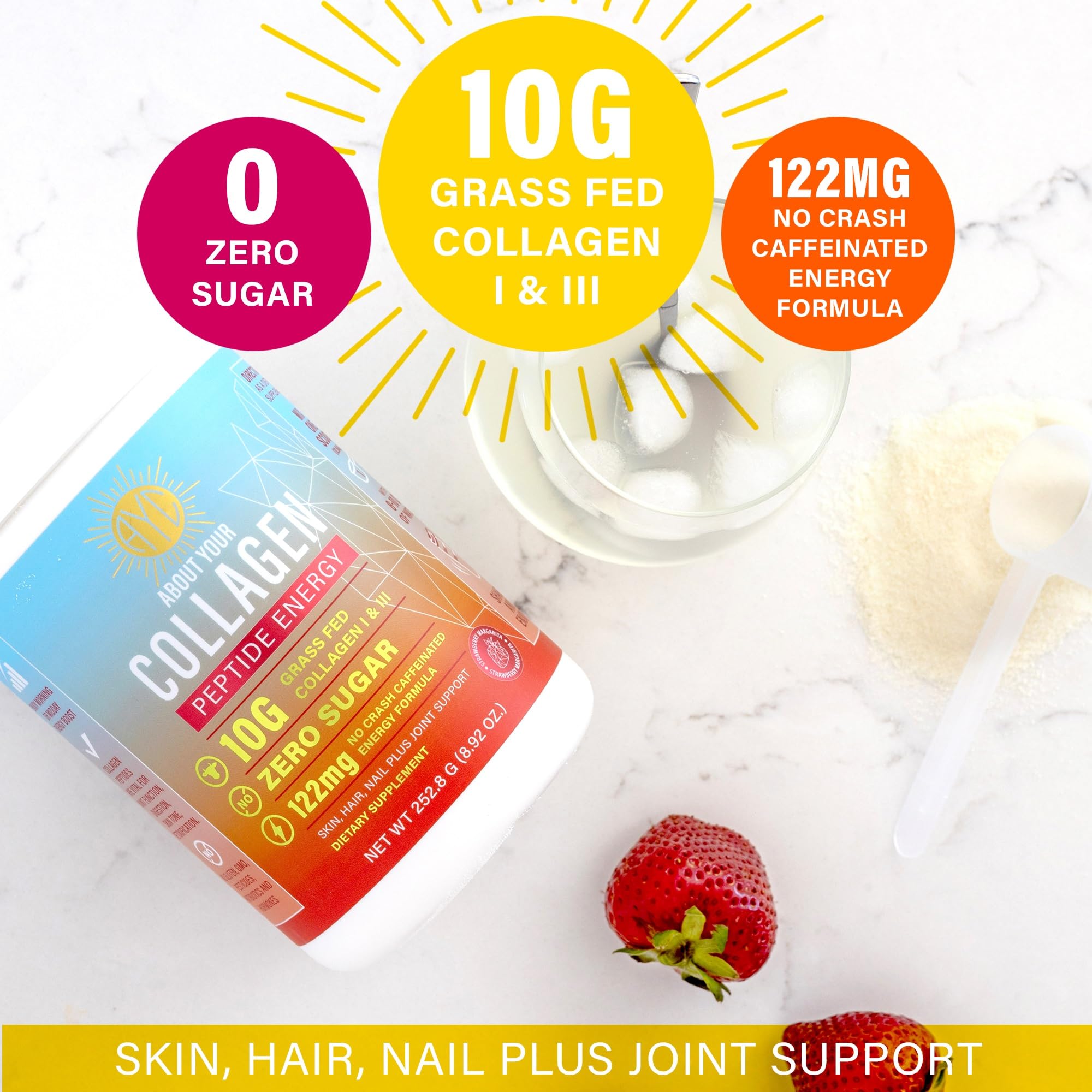 ABOUT YOUR COLLAGEN cuchara medidora con porción mostrando cantidad por servicio