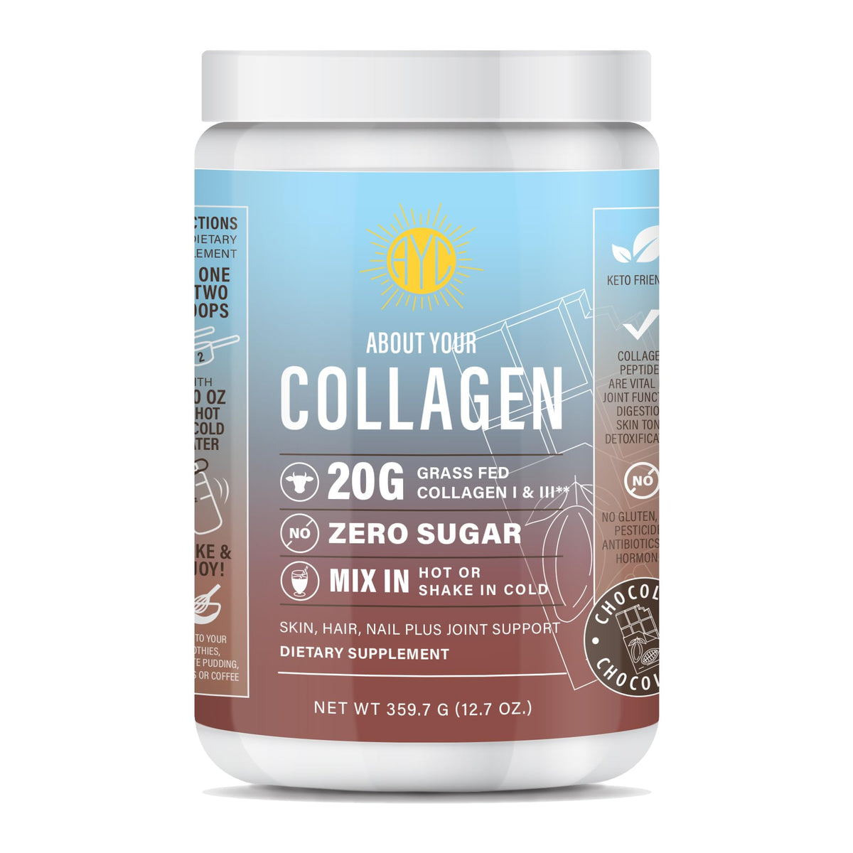 ABOUT YOUR COLLAGEN paquete frontal mostrando porciones y sabor chocolate
