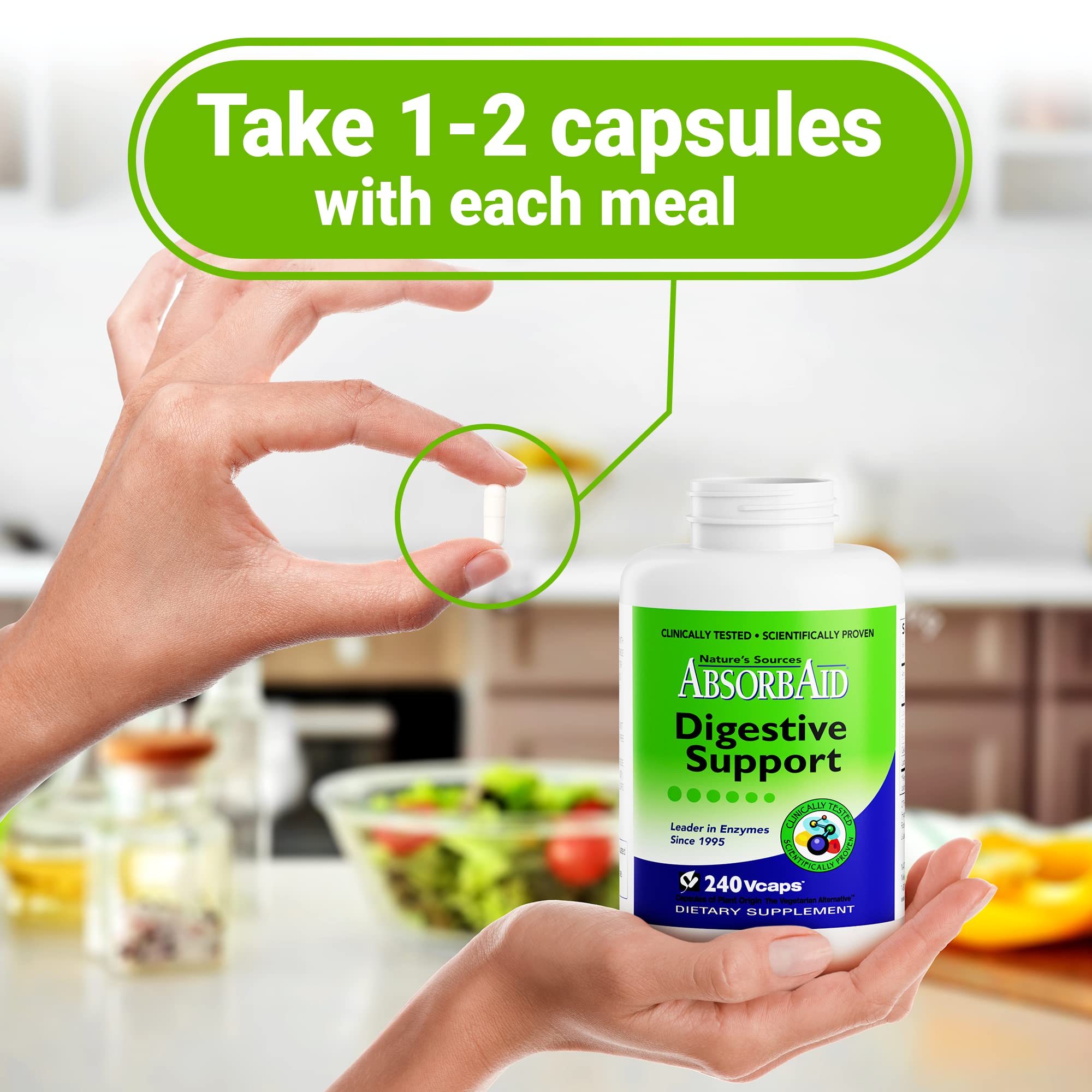 AbsorbAid cápsulas en uso en cocina sugiriendo soporte digestivo diario