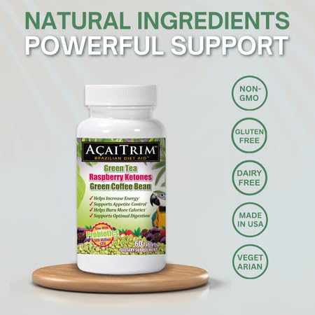 Acai Trim ingredientes: açai y té verde visualizados, beneficio: ingredientes naturales