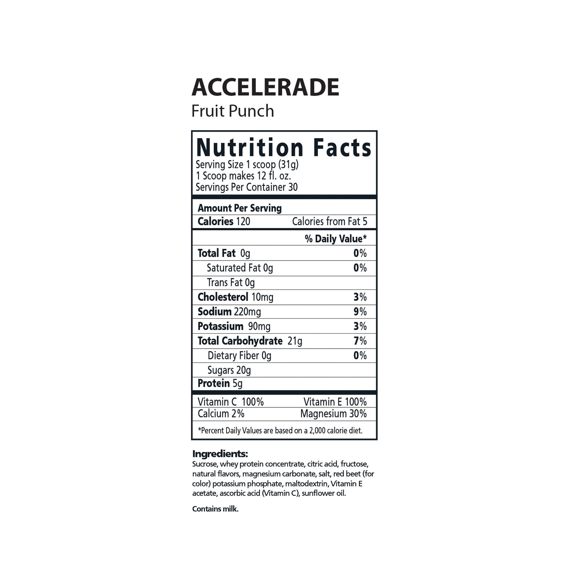Accelerade Fruit Punch con frutas ilustrativas sugiere sabor frutal refrescante