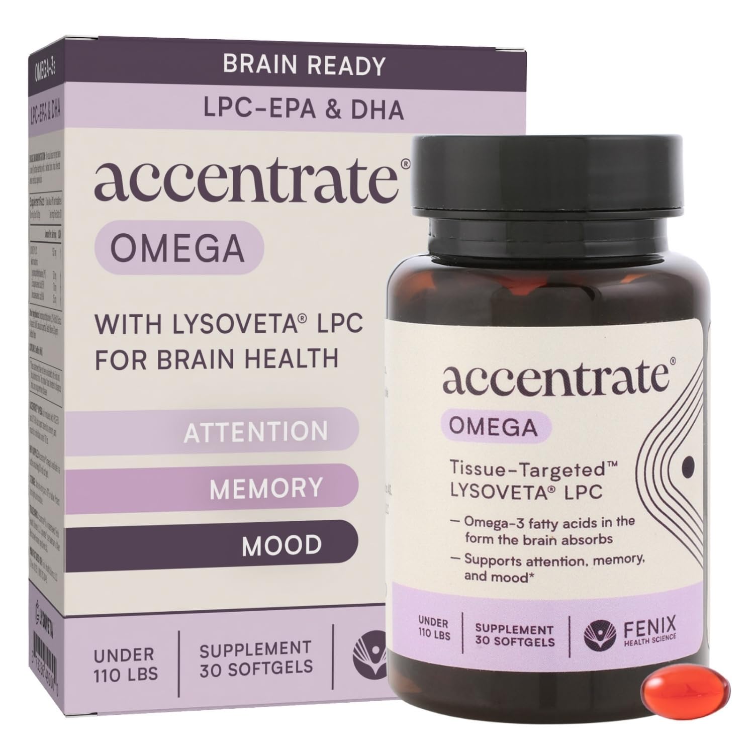 Accentrate frente del producto mostrando diseño y beneficio cerebral