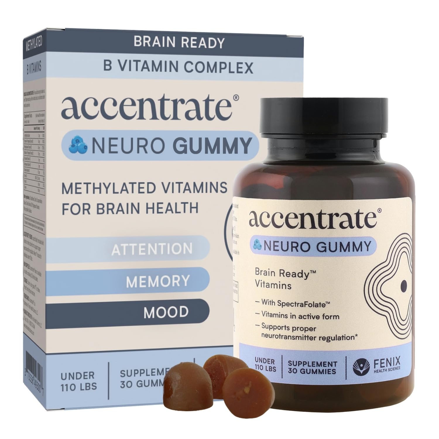 Accentrate empaque frontal Neuro Gummy mostrando información clave y beneficio infantil
