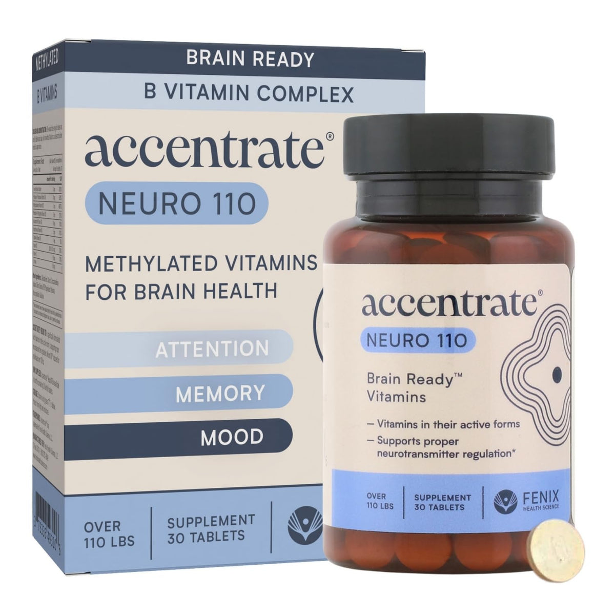Accentrate Neuro 110 frente del empaque mostrando el producto y beneficios