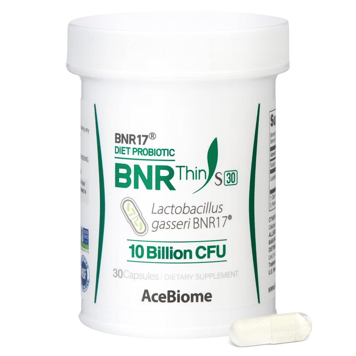 AceBiome envase frontal mostrando 30 cápsulas y garantía de 10 mil millones UFC