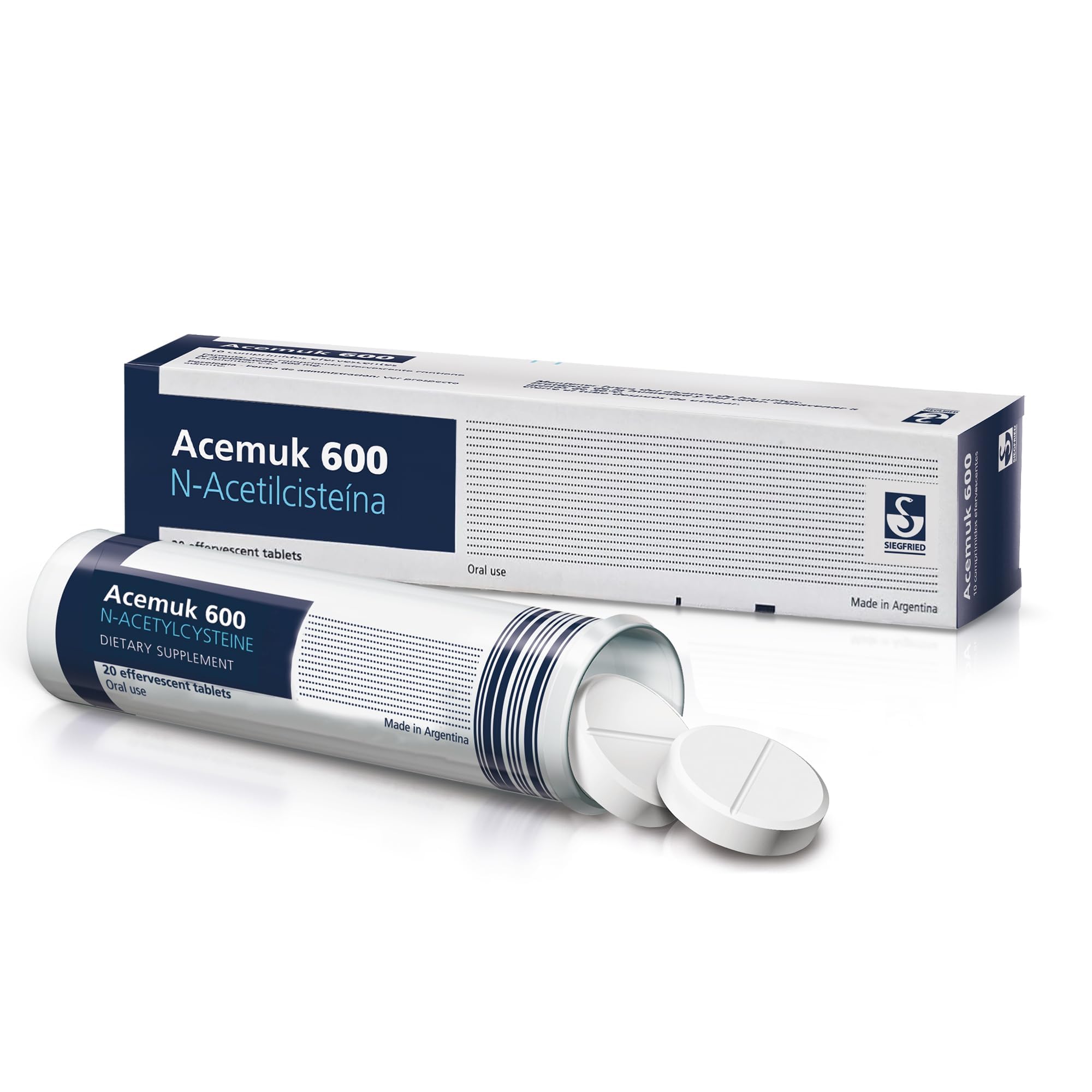 Acemuk frasco frontal con etiqueta clara y información de 600 mg