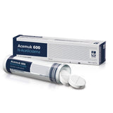 Acemuk frasco frontal con etiqueta clara y información de 600 mg