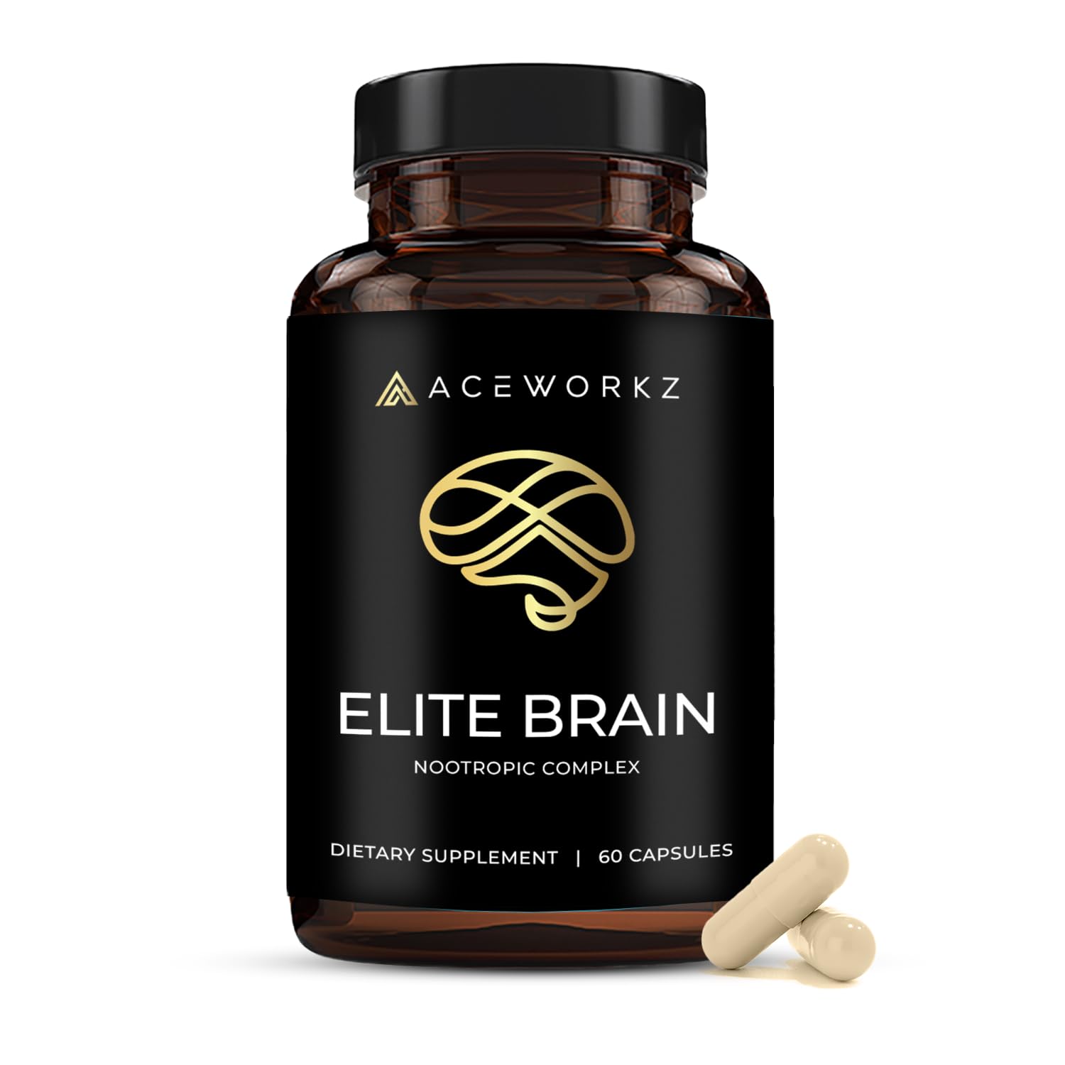 ACEWORKZ frasco Elite Brain al frente muestra aspecto premium y garantía de calidad