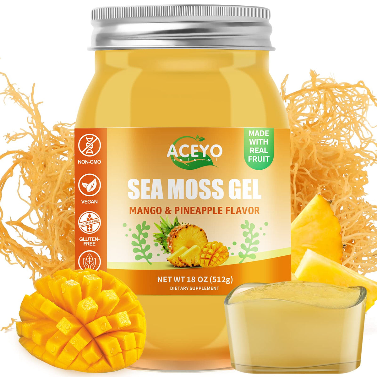 ACEYO frasco frontal sabor mango piña mostrando etiqueta y tamaño 18 oz