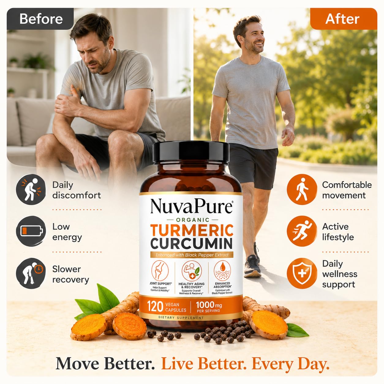 Achuhe NuvaPure detalle de cúrcuma y pimienta negra que representa origen natural