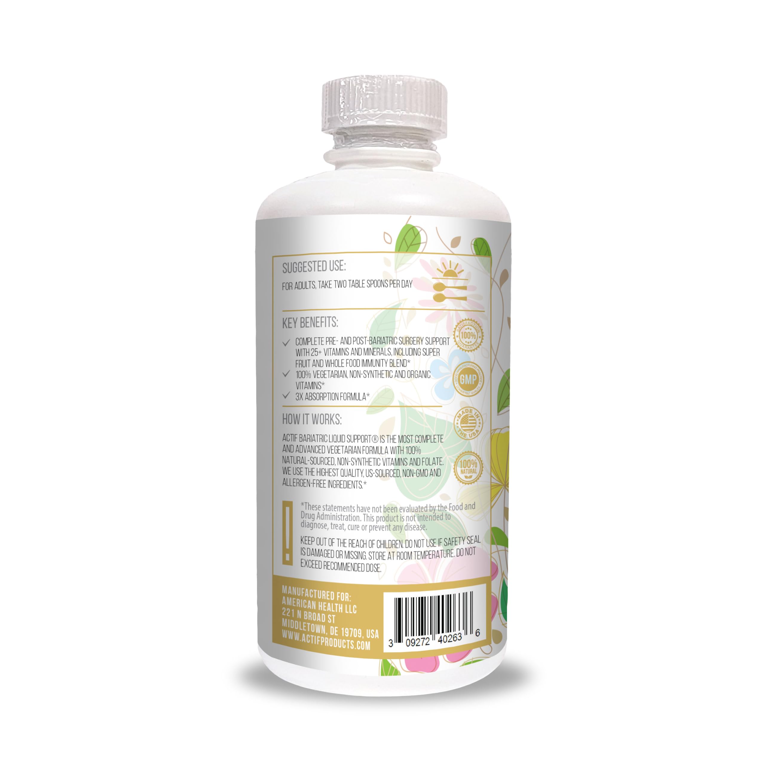 ACTIF etiqueta con ingredientes orgánicos y lista de vitaminas para claridad