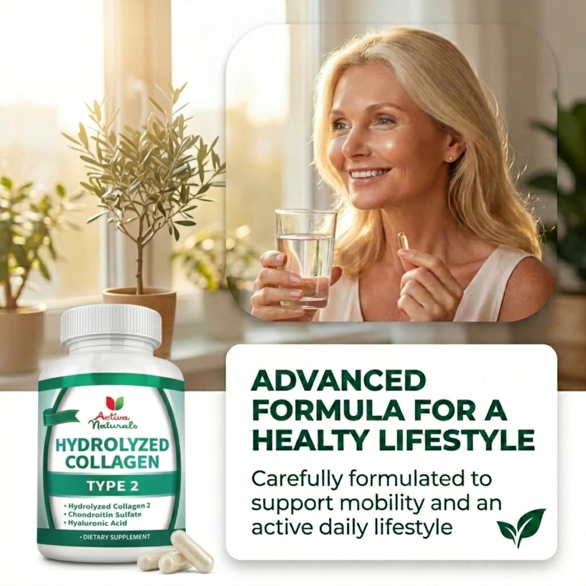Activa Naturals etiqueta de ingredientes mostrando colágeno tipo 2 y condroitina