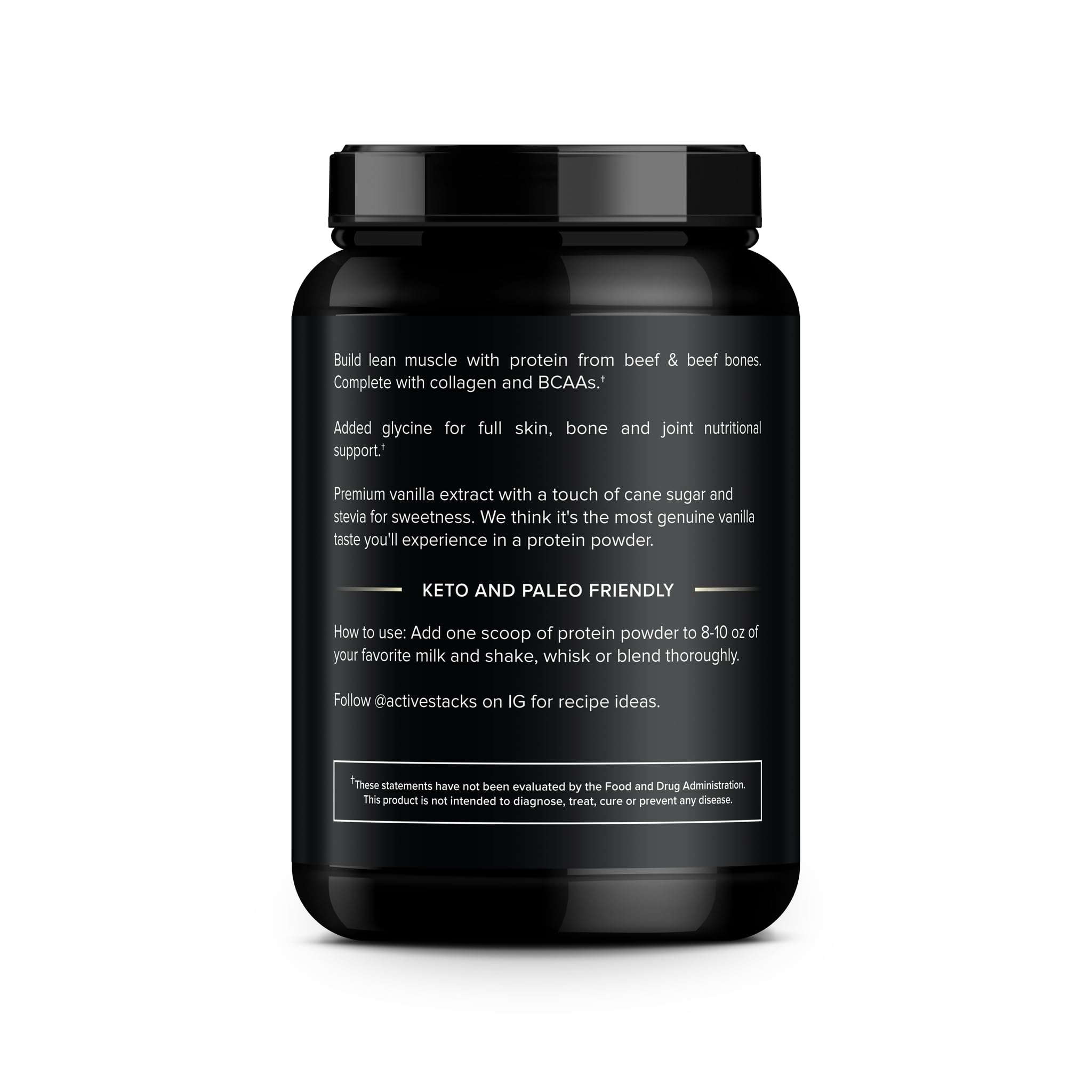 Active Stacks primer plano del polvo de proteína, textura fina y fácil disolución