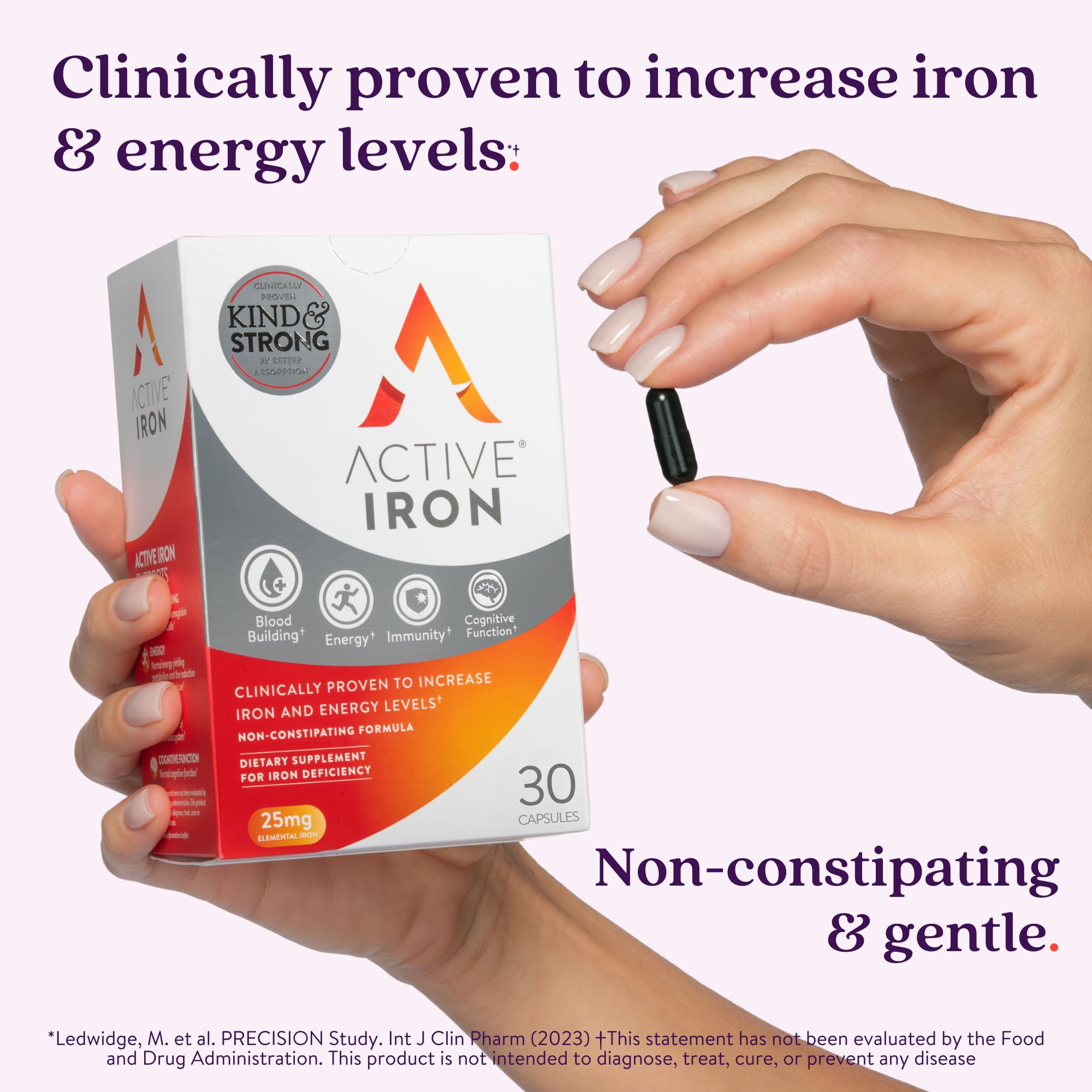 ActiveIron cápsulas primer plano que destaca forma fácil de tragar y suavidad digestiva