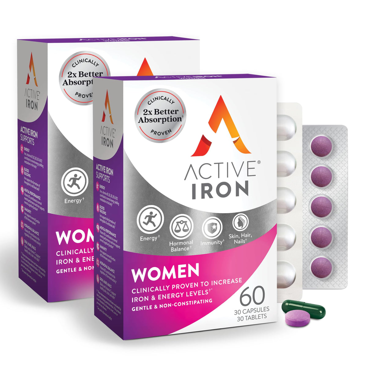 ActiveIron vista frontal del pack mostrando cápsulas y comprimidos, práctica para viajar