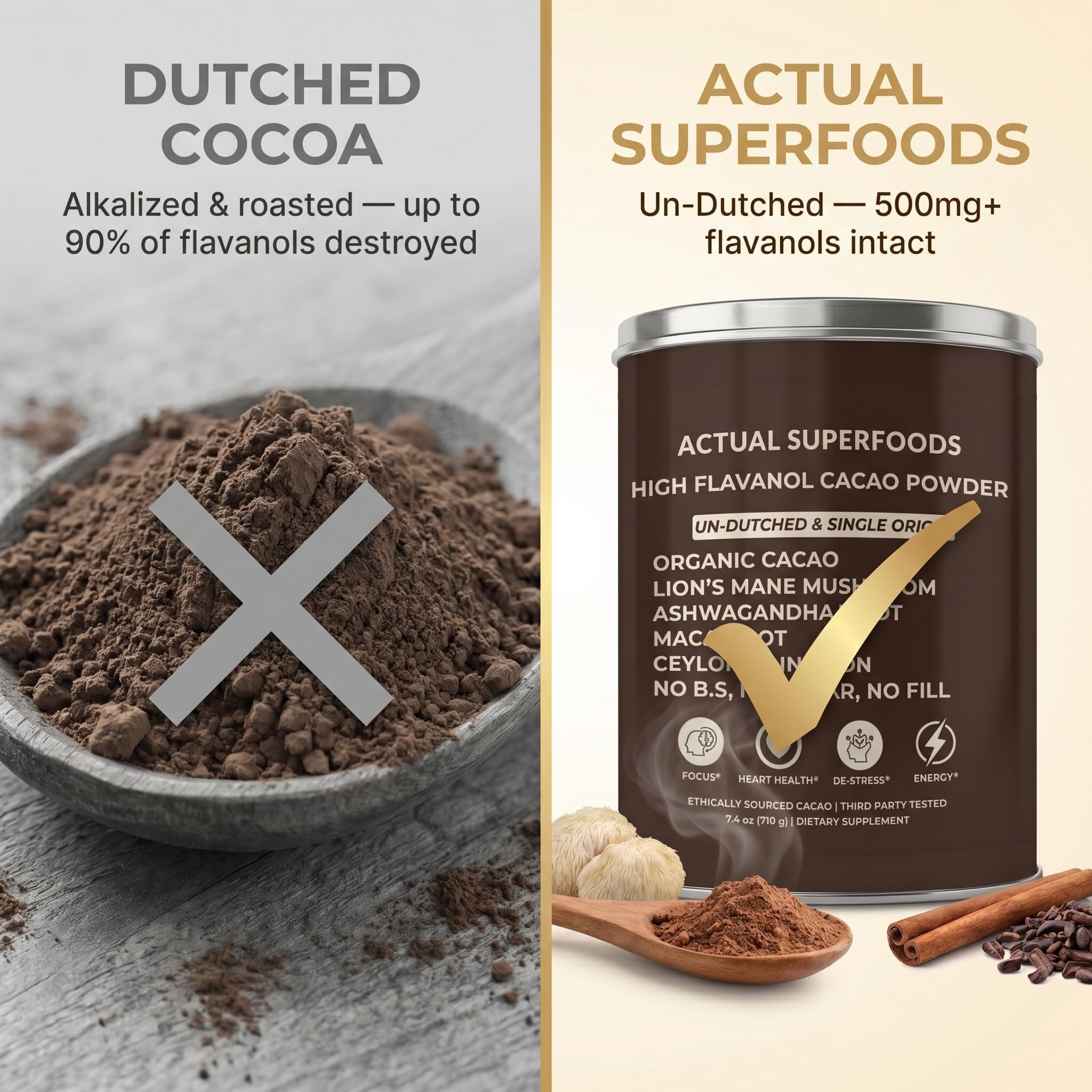 Actual Superfoods polvo disuelto en taza caliente para una bebida alternativa al café