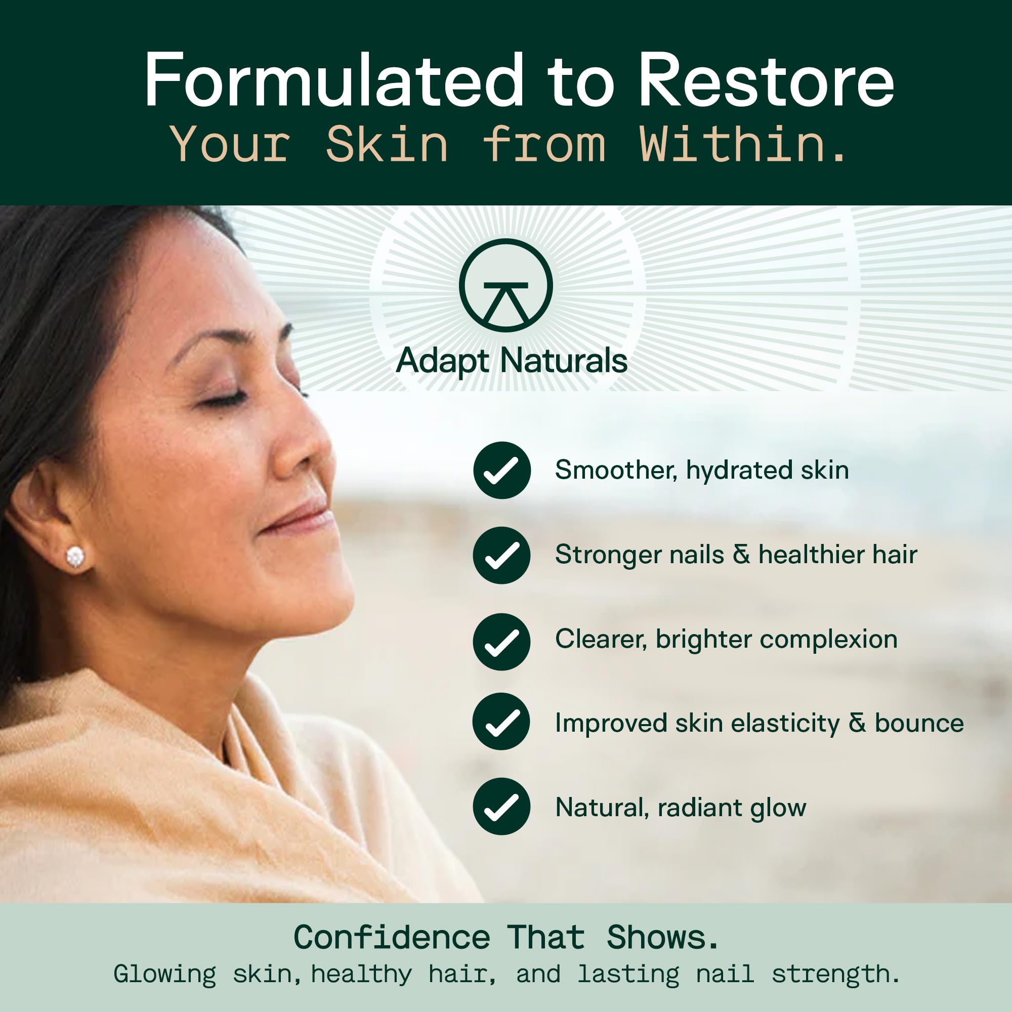 ADAPT NATURALS resultado en cabello más grueso y uñas más fuertes