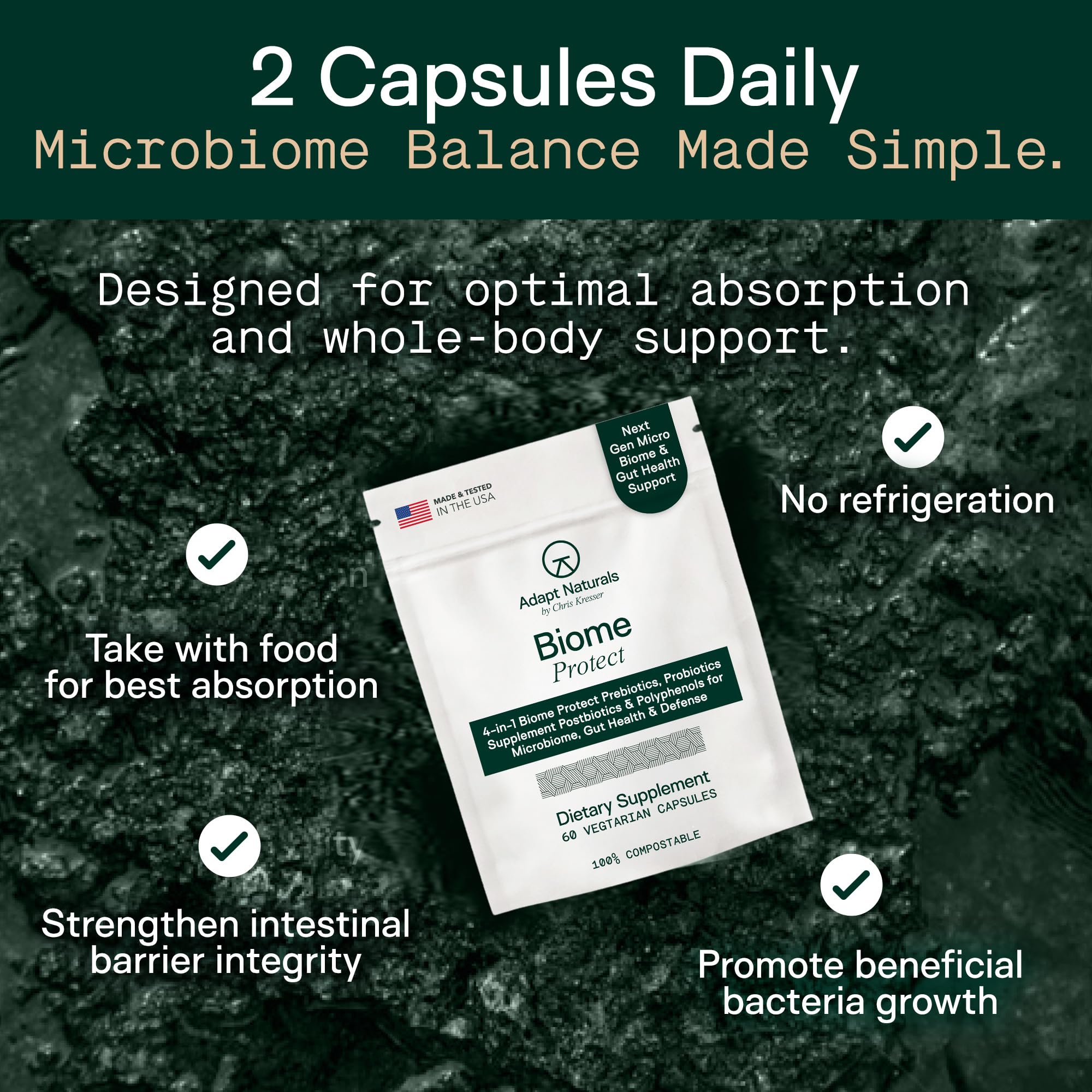 ADAPT NATURALS vista macro de una cápsula abierta para apreciar polvo y composición activa