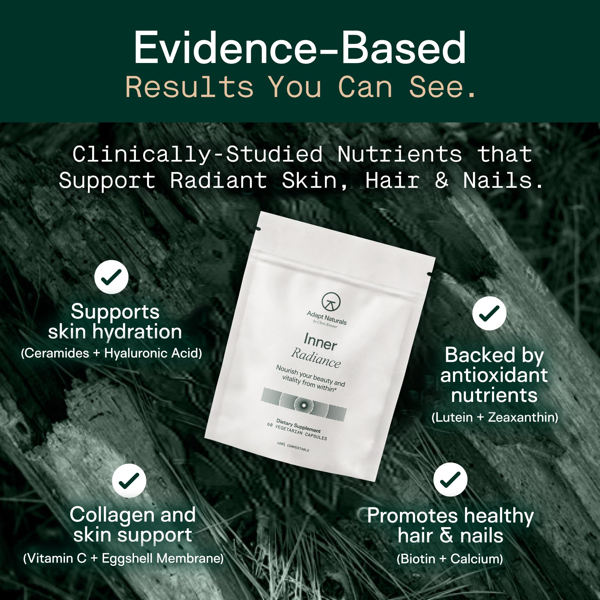ADAPT NATURALS etiqueta con lista de ingredientes clave y dosis