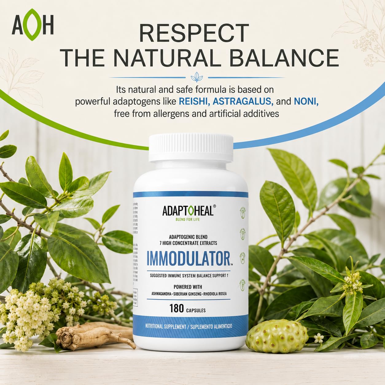 ADAPTOHEAL caja abierta mostrando cápsulas listas para uso diario