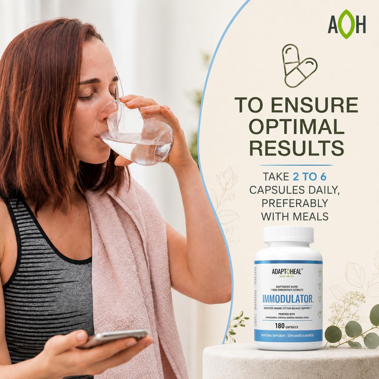 ADAPTOHEAL frasco con plantas naturales que subrayan origen botánico