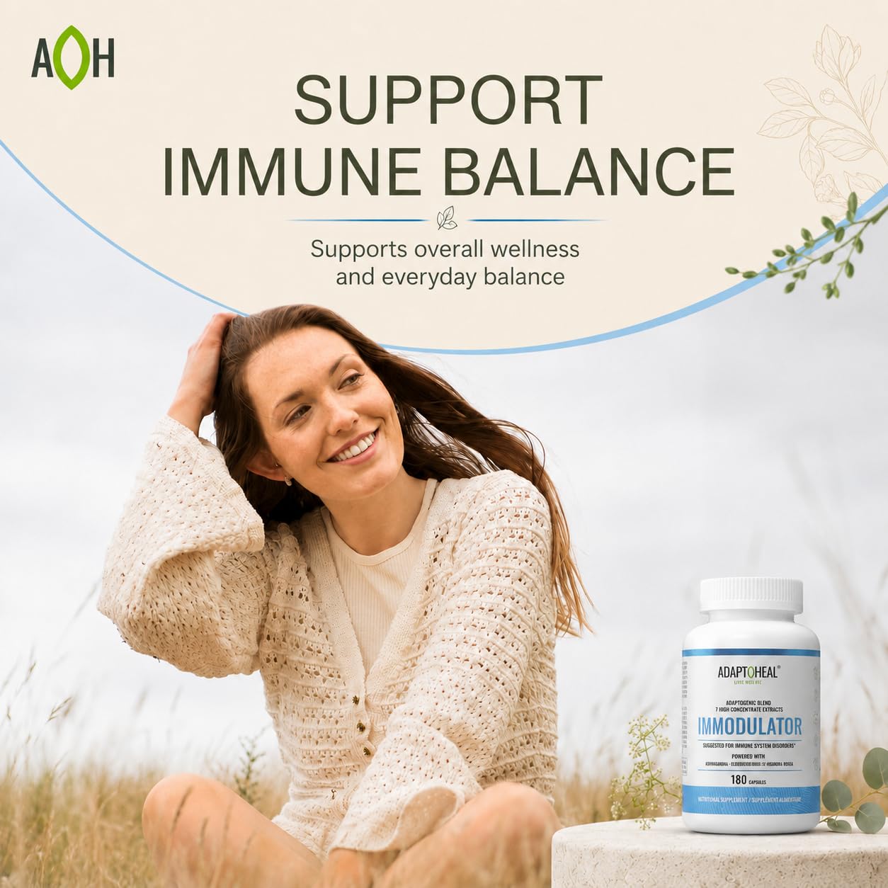 ADAPTOHEAL etiqueta con ingredientes clave y beneficios resumidos