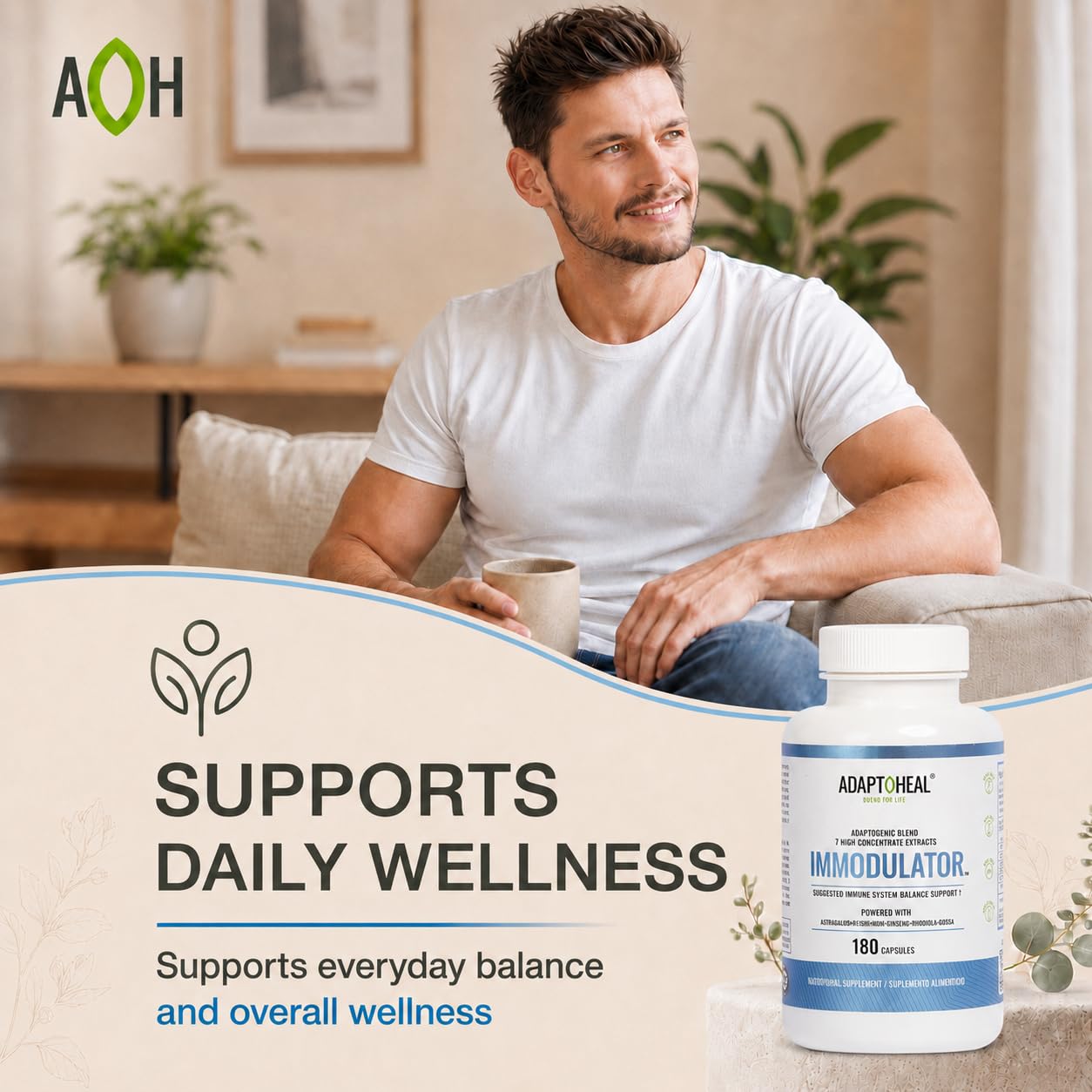ADAPTOHEAL frasco junto a regla para comparar tamaño y almacenamiento