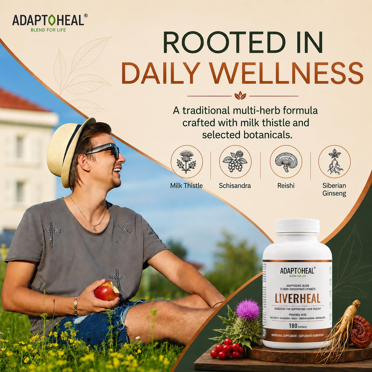 ADAPTOHEAL etiqueta con lista de ingredientes clave y concentraciones visibles