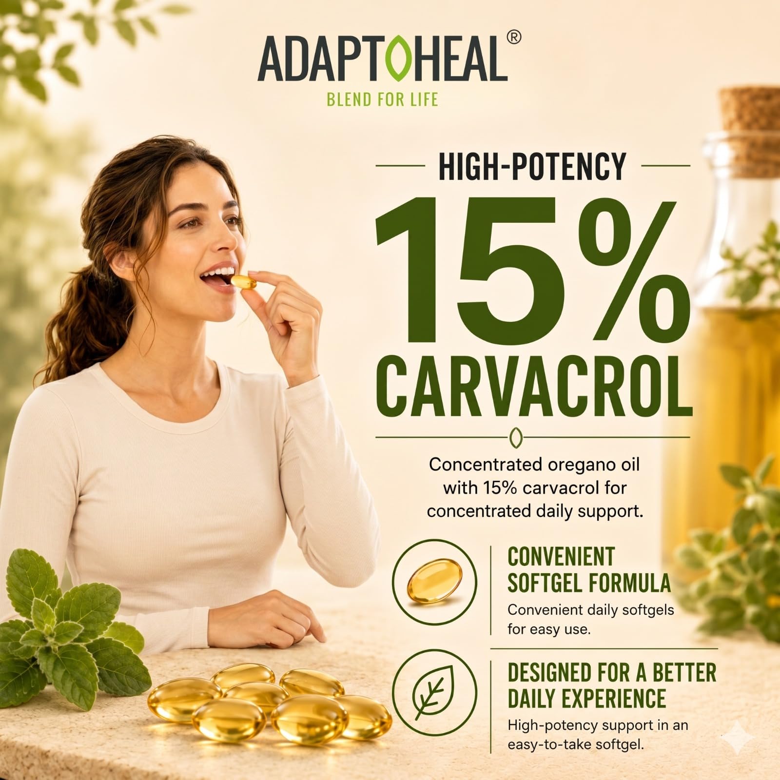 ADAPTOHEAL cápsulas en mano para comparar tamaño y dosificación cómoda